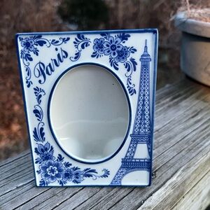 Blue and White Paris Photo Frame Elesva France Delft 4”X 5” Stands Up Open Frame
